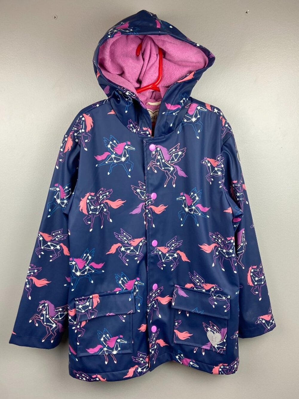 Hatley Hooded Raincoat Navy Blue Pegasus Constellations Pink Terrycloth Lining 8